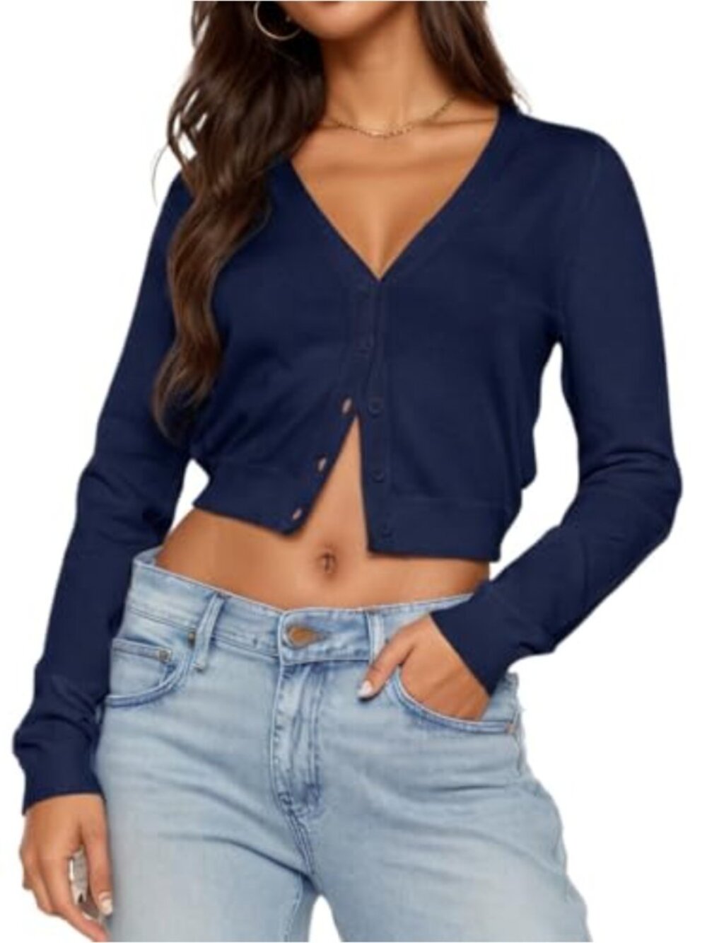 Long Sleeve Cardigan Women Navy Blue Open Front Knit Sweater Lightweight